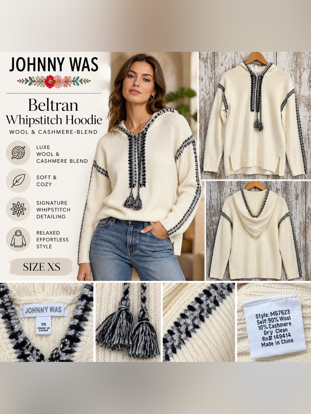 Johnny Was Beltran Whipstitch Wool & Cashmere Blend Hoodie Women’s Size XS